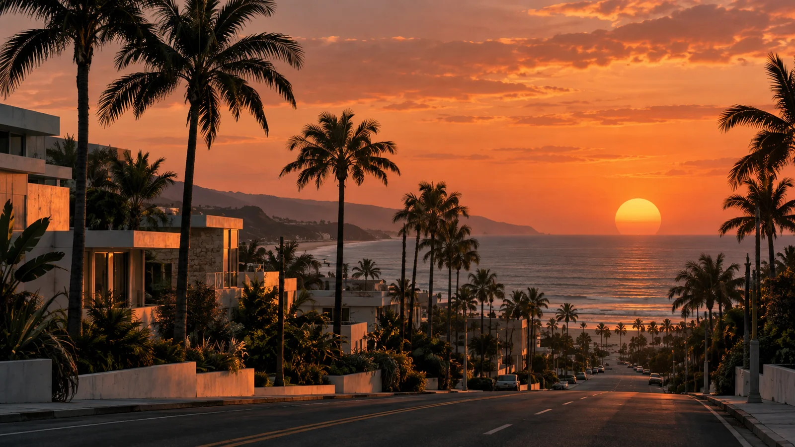 Original artwork of a quiet palm-lined coastal boulevard under an orange evening sky